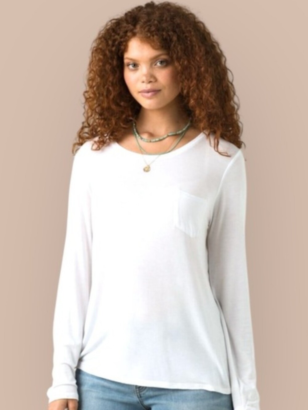 Prana White Long-Sleeve Crew Neck Pocket Tee -Women 2X-New W/ Tags-Natural fiber